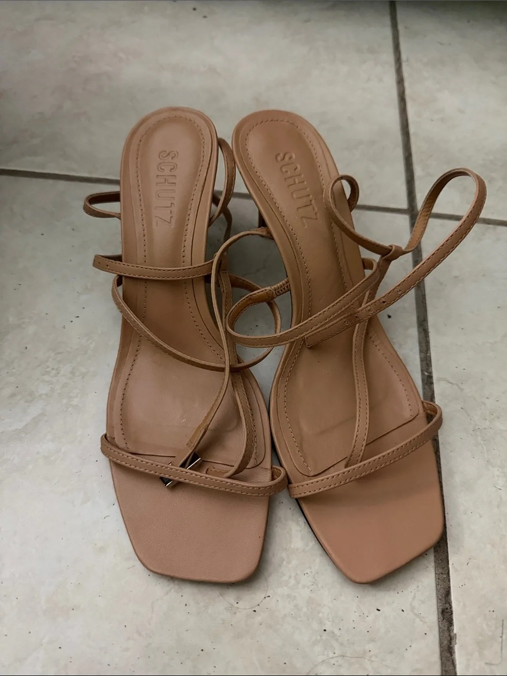 SCHUTZ Nude Strappy Square-Toe Heeled Sandals